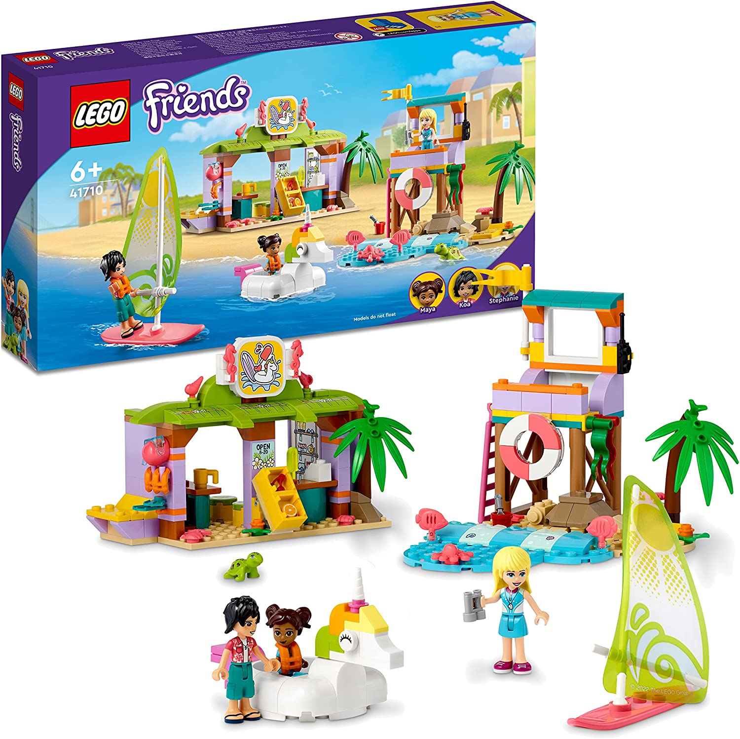 LEGO 41710 Friends Surf School on the Beach, Toy with Stephanie Mini Doll as Lifeguard and Unicorn Swimming Ring, from 6 Years