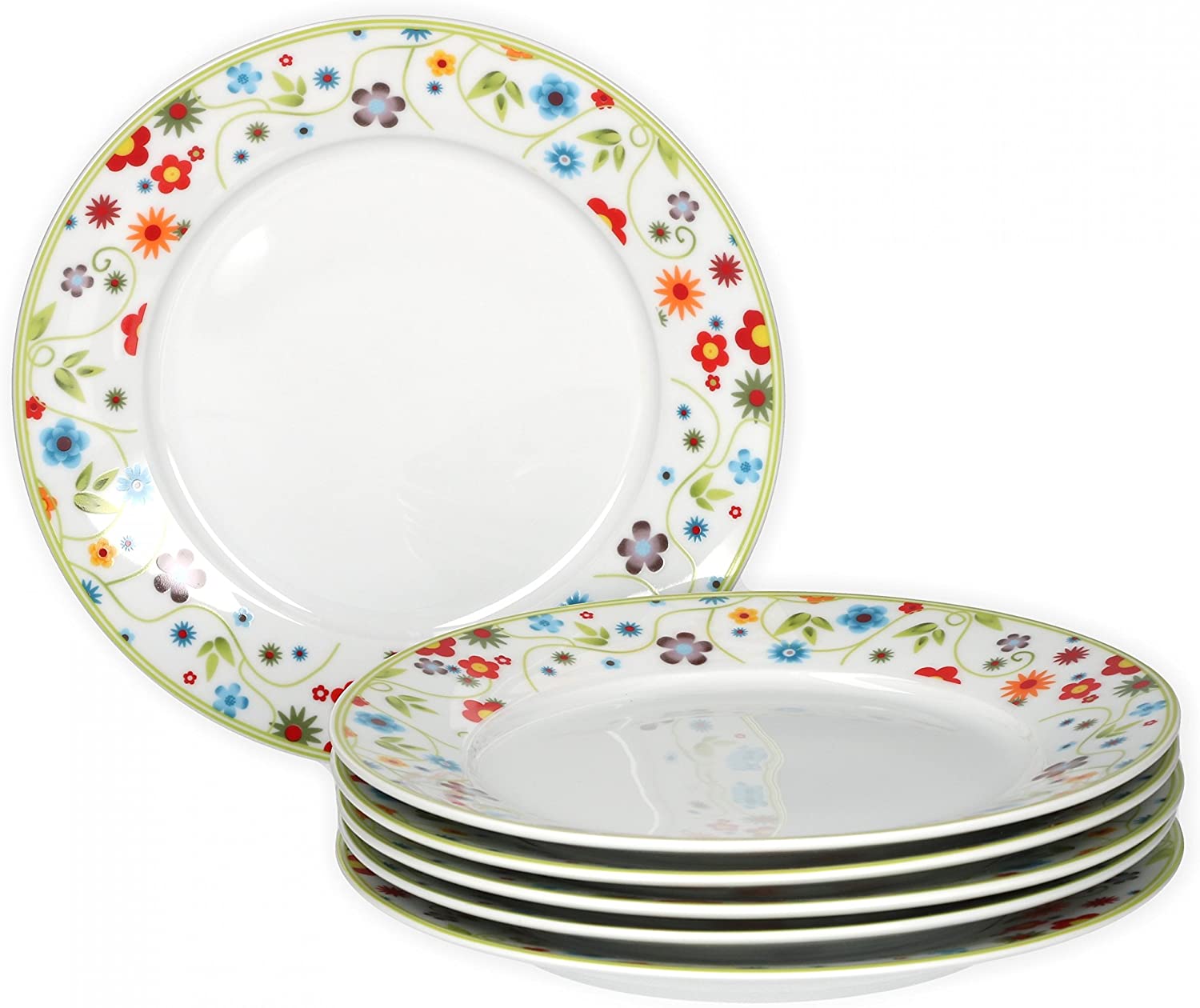 Van Well Vario Breakfast Plate Set 6 Pieces I Plate Service for 6 People I Cake Plate with Diameter 20 cm I Porcelain Set White with Flower Design I Dessert Plate Set Microwave Safe