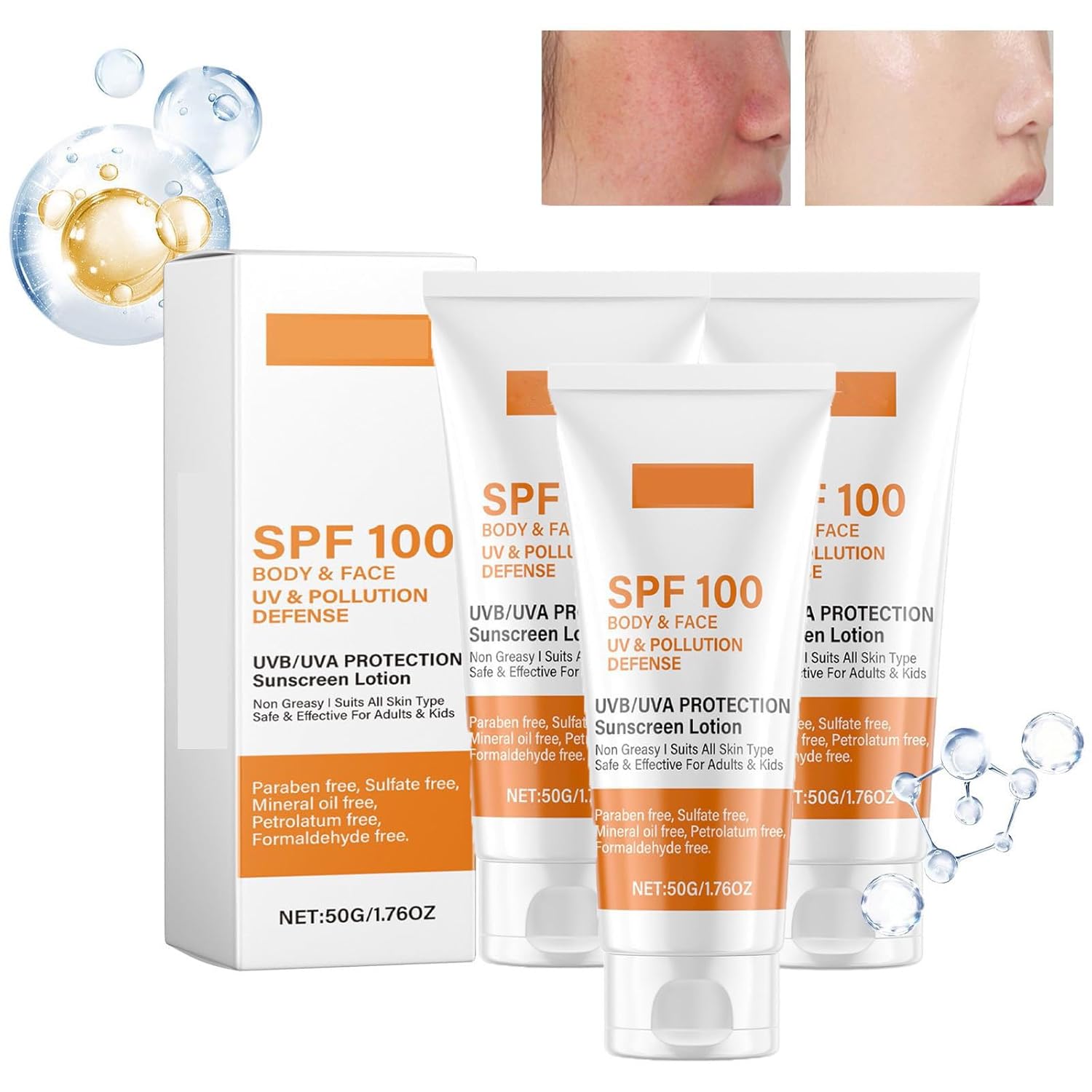 Sun Cream SPF 100, Sunscreen SPF 100, Sunscreen Lotion, Sun Lotion with UVA/UVB Protection, Moisturizing, Anti-Ageing Sun Cream for Face and Body, Non-Greasy, Waterproof (3 Pieces)