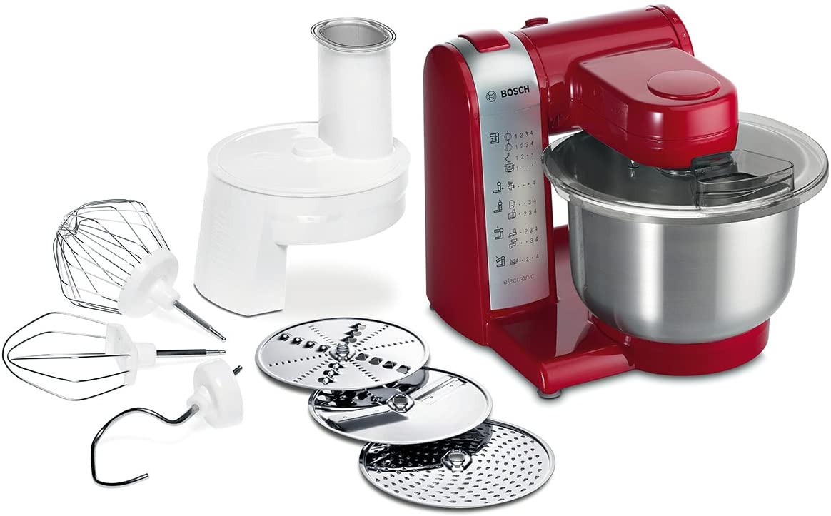 Bosch Hausgerate Bosch MUM4 MUM48R1 Food Processor. 600 W, 3 Stainless Steel Mixing Tools, Dishwasher Safe, Mixing Bowl 3.9 Litres, Max. Dough Quantity: 2.0 kg, Continuous Shredder, 3 Discs, Red
