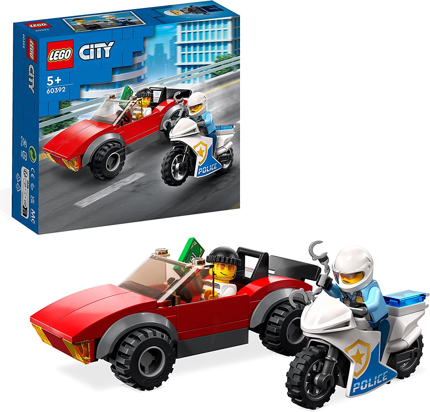 LEGO 60392 City Police Chase with Police Motorcycle Set, Racing Car Toy with Police Officer Mini Figure for Children from 5 Years