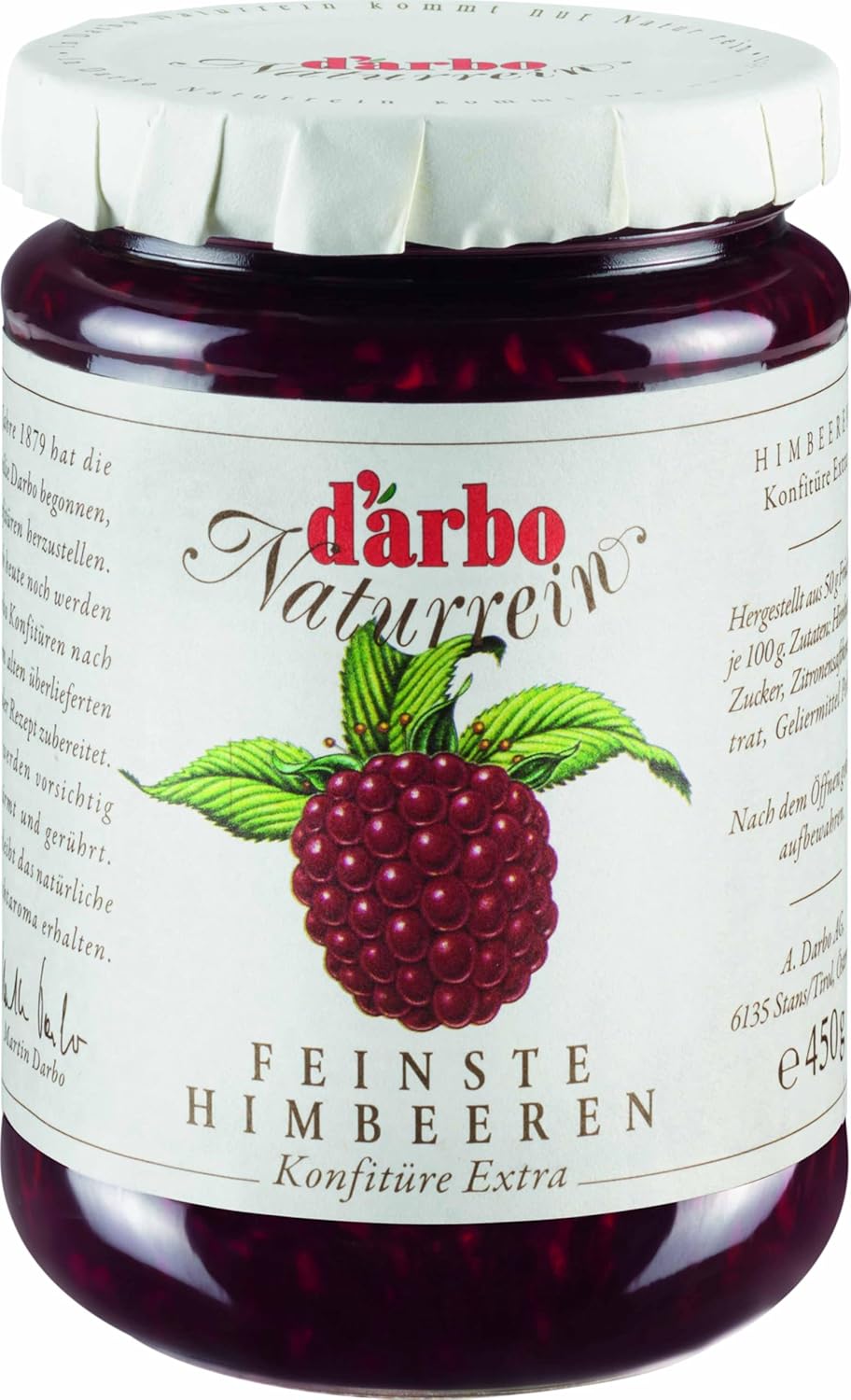 Darbo Naturrein Raspberry Jam 6 x 450 g Jars, Ideal for Breakfast on Rolls as well as for Finishing Desserts and Sweets