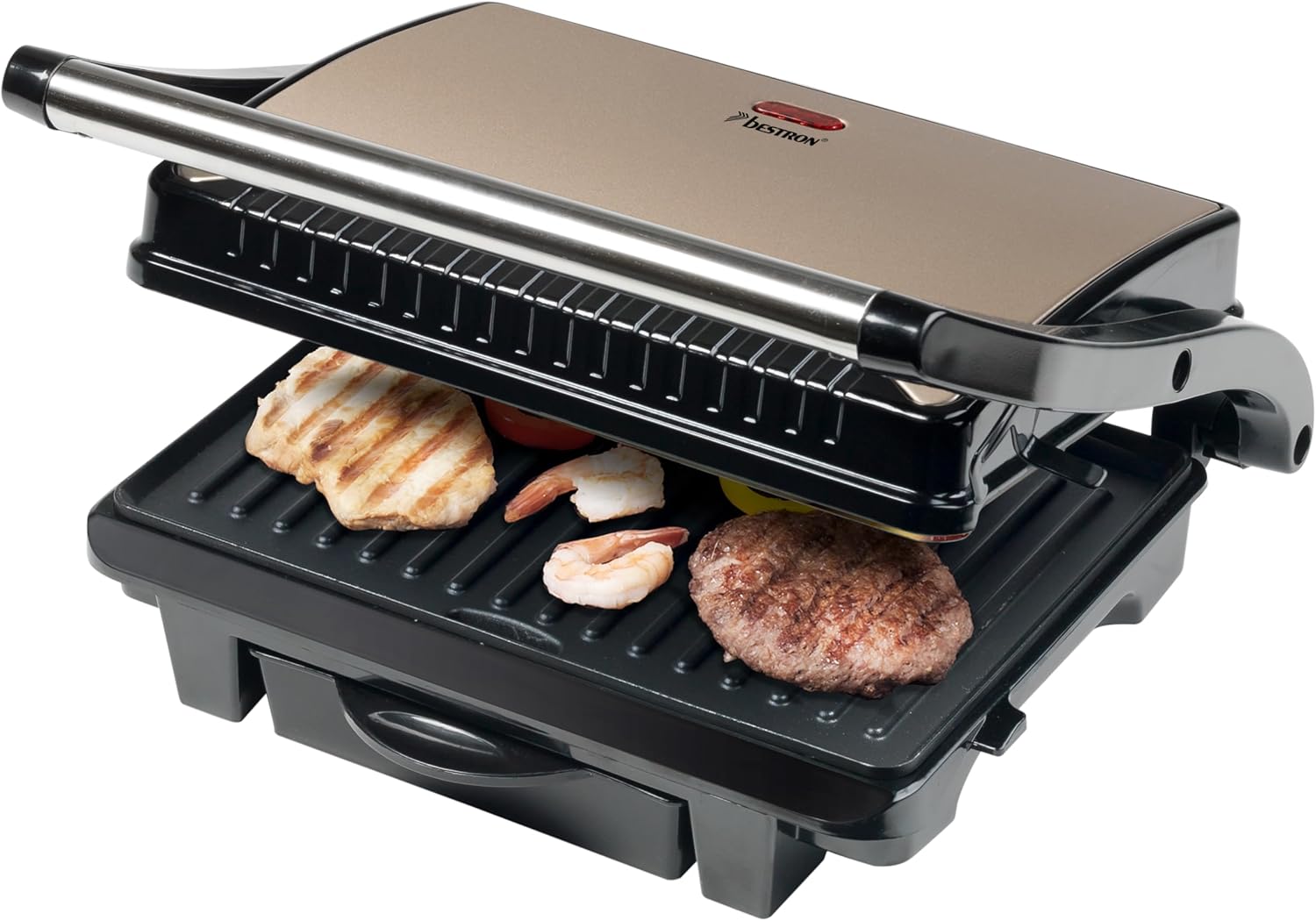 Bestron ASW113SAT Electric Contact Grill with Crumb Tray, Sandwich Maker with Cool Touch Handle and Non-Stick Coating, Panini Maker with 1000 Watt, Colour: Light Beige