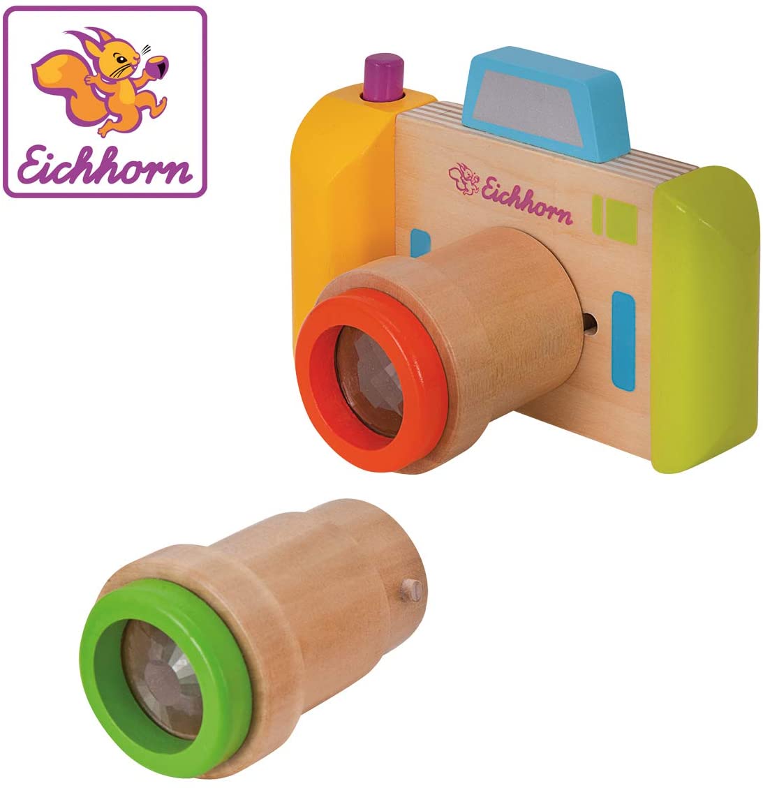 Eichhorn 100003460 Kaleidoscope, 3 parts, camera and 2 lenses, material, suitable for children from one year old, birch plywood, BSK, 1J+, colourful, 12.5 x 9 x 7.5 cm