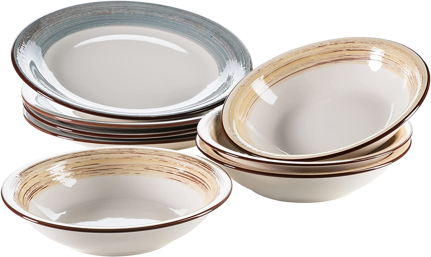 Maser Mäser 931375 Duole Series Plate Set for 4 People, 8-Piece Vintage Dinner Service with Dinner Plate and Soup Plate in Shabby Chic Design, Ceramic, Blue / Beige
