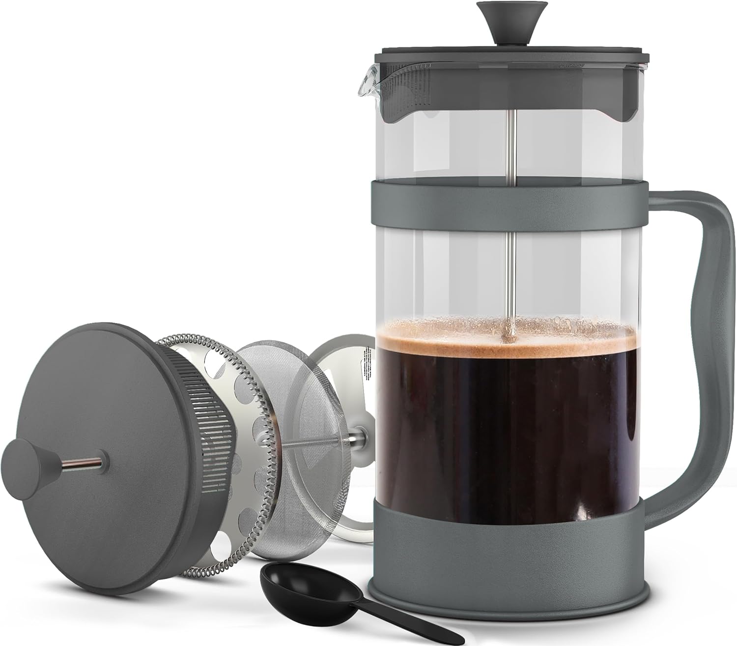 KICHLY French Press Coffee Maker, Espresso and Tea Maker with Triple Filters, Heat Resistant Borosilicate Glass with Steel Piston (1000 ml, Grey)