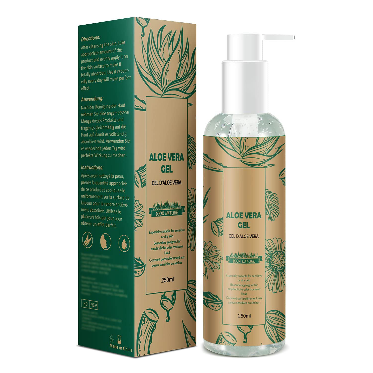 CUSMAY Aloe Vera Gel - 100% Natural Chamomile Aloe Vera Gel - Soothing, Nourishing, Moisturising After Sun Face Cream - Natural Cosmetics for Dry Damaged Skin, Sunburned Face, Hair and Body, ‎chamomile