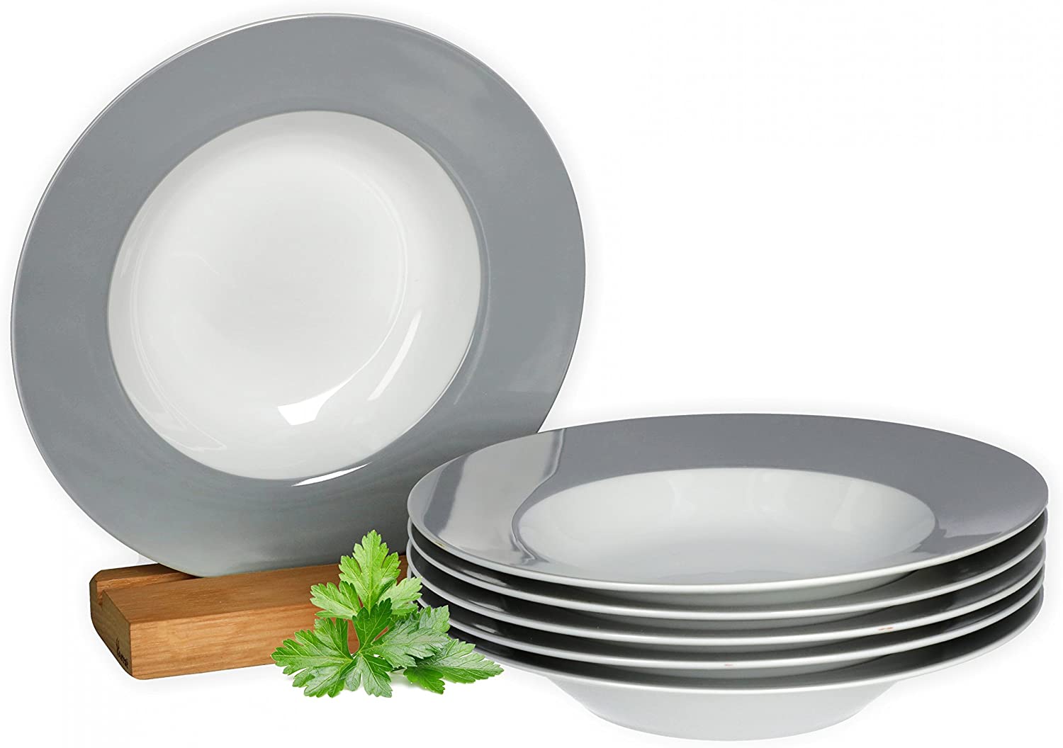 Van Well Vario Soup Plate Set 6 Pieces I Plate Service for 6 People I Deep Pasta Plate 21.5 cm I Porcelain Set White with Grey Rim I Salad Plate Microwavable