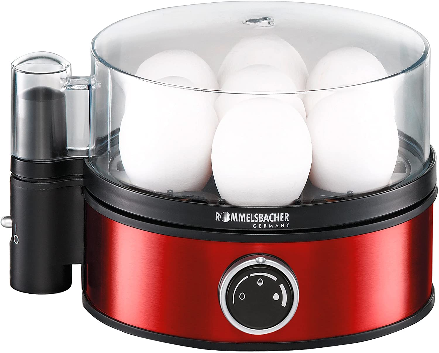ROMMELSBACHER Egg Cooker ER 405/R - for 1-7 Eggs, Adjustable Hardness, Electronic Cooking Time Monitoring, On/Off Switch, Beep at Cooking Time, Stainless Steel Case, 400 Watt, Metallic Red