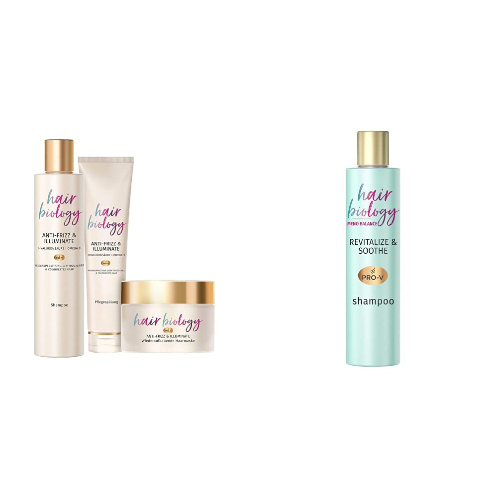 Hair Biology Hair Care Set: 1x Anti-Frizz & Illuminate Shampoo 250 ml + 1x Conditioner + 1x Hair Mask & Meno Balance Revitalize & Soothe Shampoo for Thin and Dry Hair 250 ml