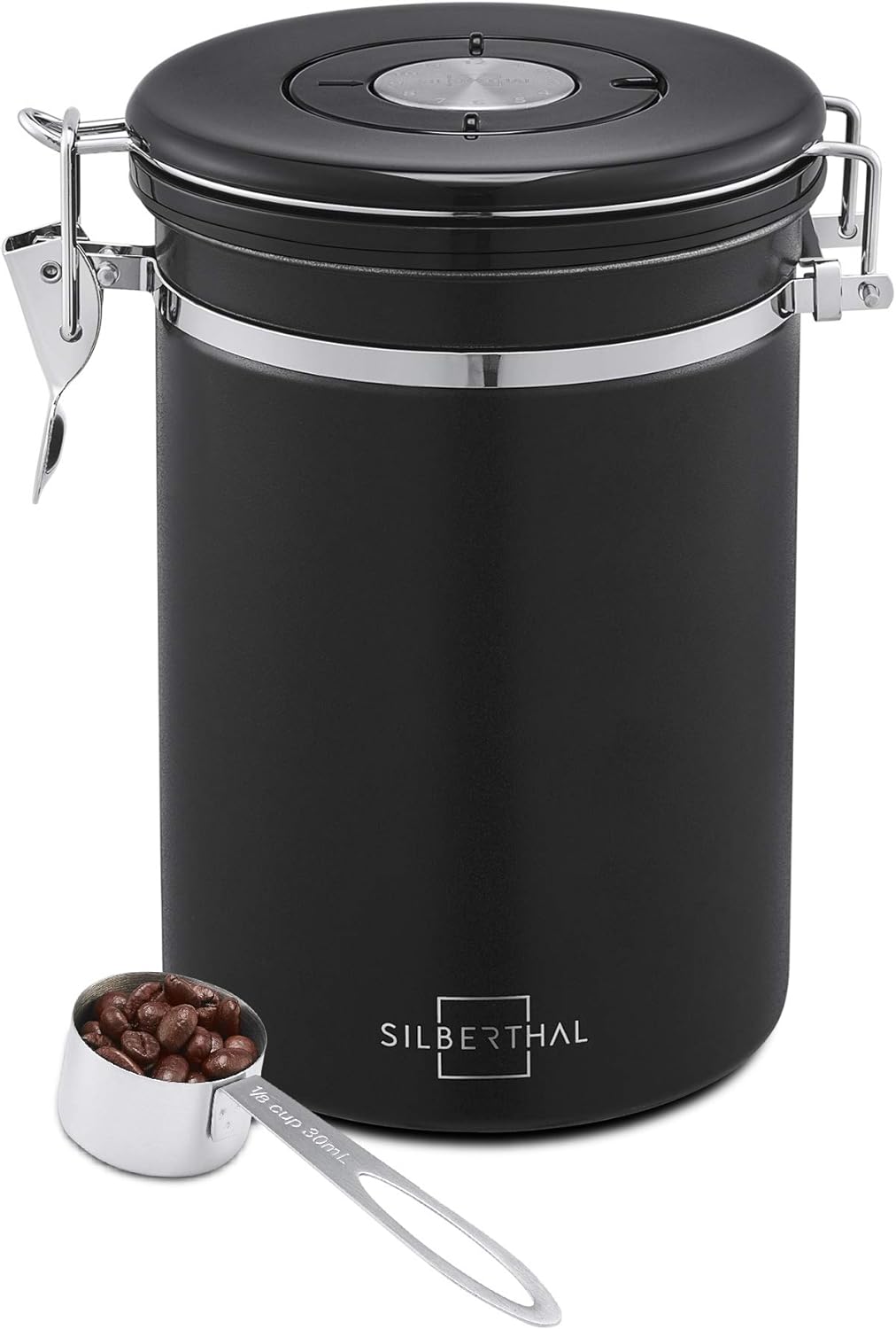 SILBERTHAL Airtight Coffee Canister 2 x 500 g – Aroma Tight Storage Container for Beans & Powder – Includes CO2 Valve & Dosing Spoon – Black – Double Pack