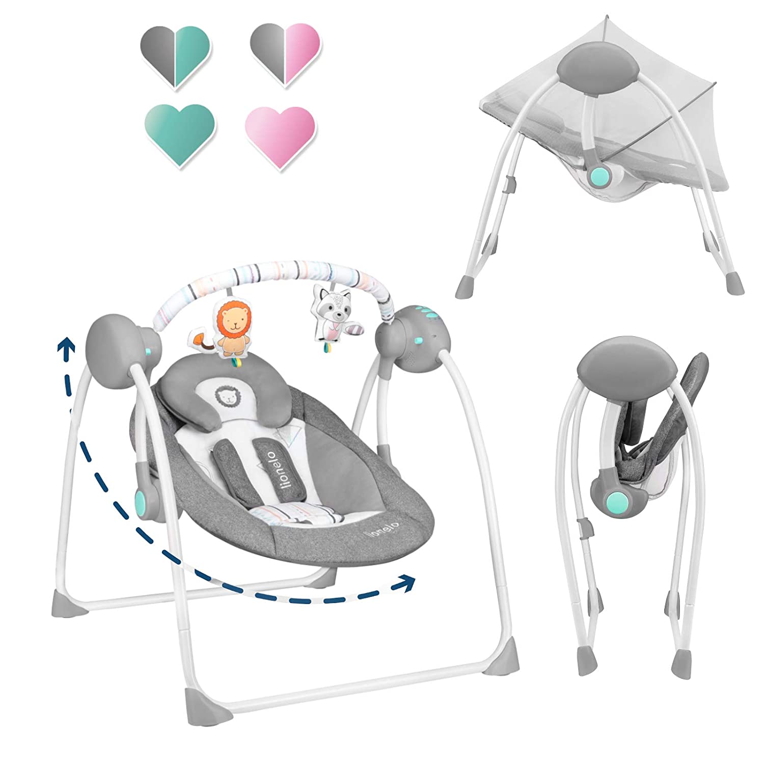 LIONELO Ruben Baby Rocker Electric Baby Swing with Reclining Function, Baby Swing 0 to 9 kg, Mosquito Net, 5 Swing Speeds, Cuddly Toy Hanger