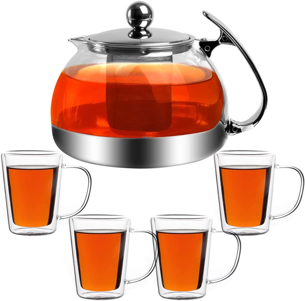 Monzana Teapot 1.2 L with Set of 4 Tea Glasses Glass Jug with Strainer Insert Removable Stainless Steel Tea Strainer Heat Resistant