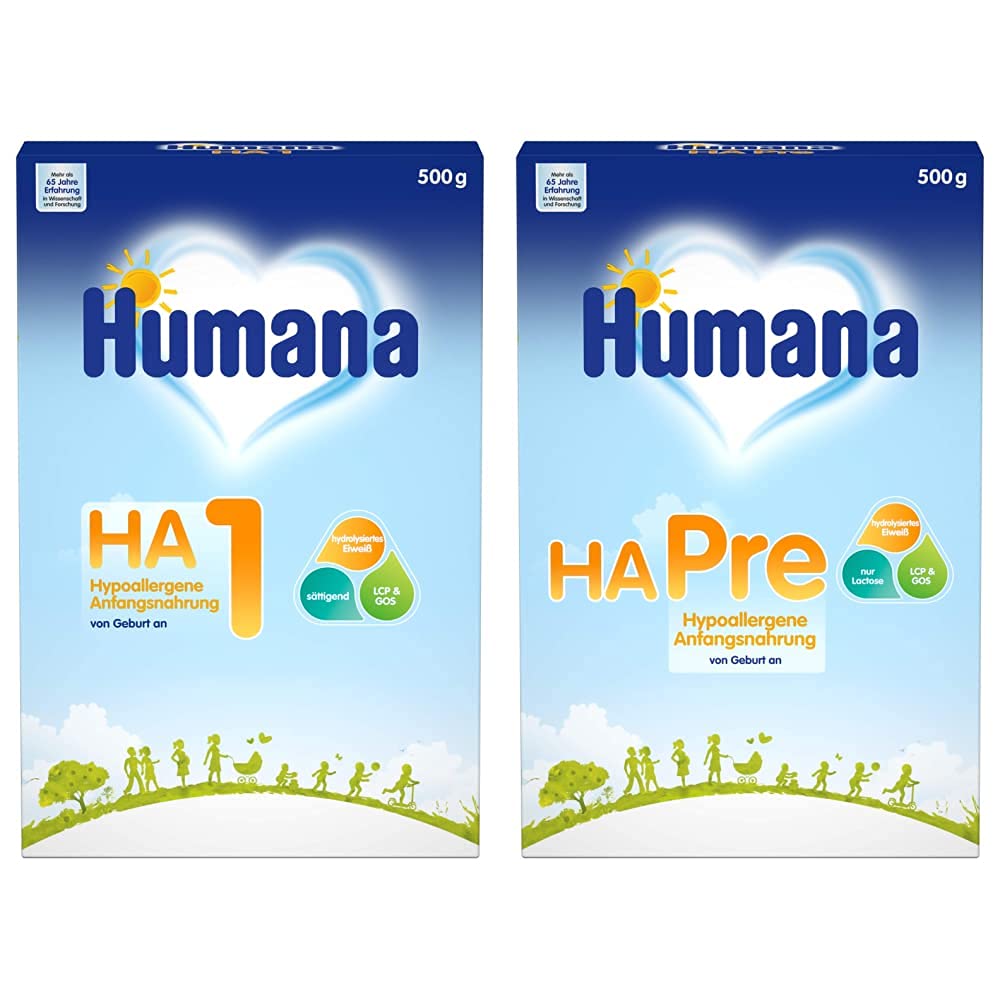 Humana HA 1, Hypoallergene Anfangsnahrung für Babys mit erhöhtem Allergie-Risiko, 500 g & HA PRE, hypoallergene Anfangsnahrung für Babys mit erhöhtem Allergie-Risiko, 500 g