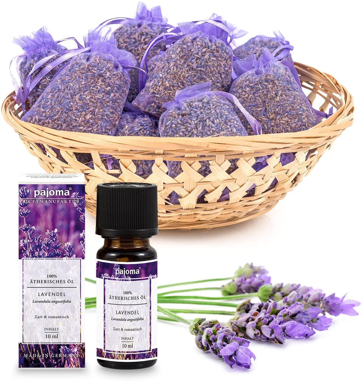 pajoma Lavender set, 10 x scented sachets of lavender plus 1 x lavender essential oil, 10 ml, 100% natural