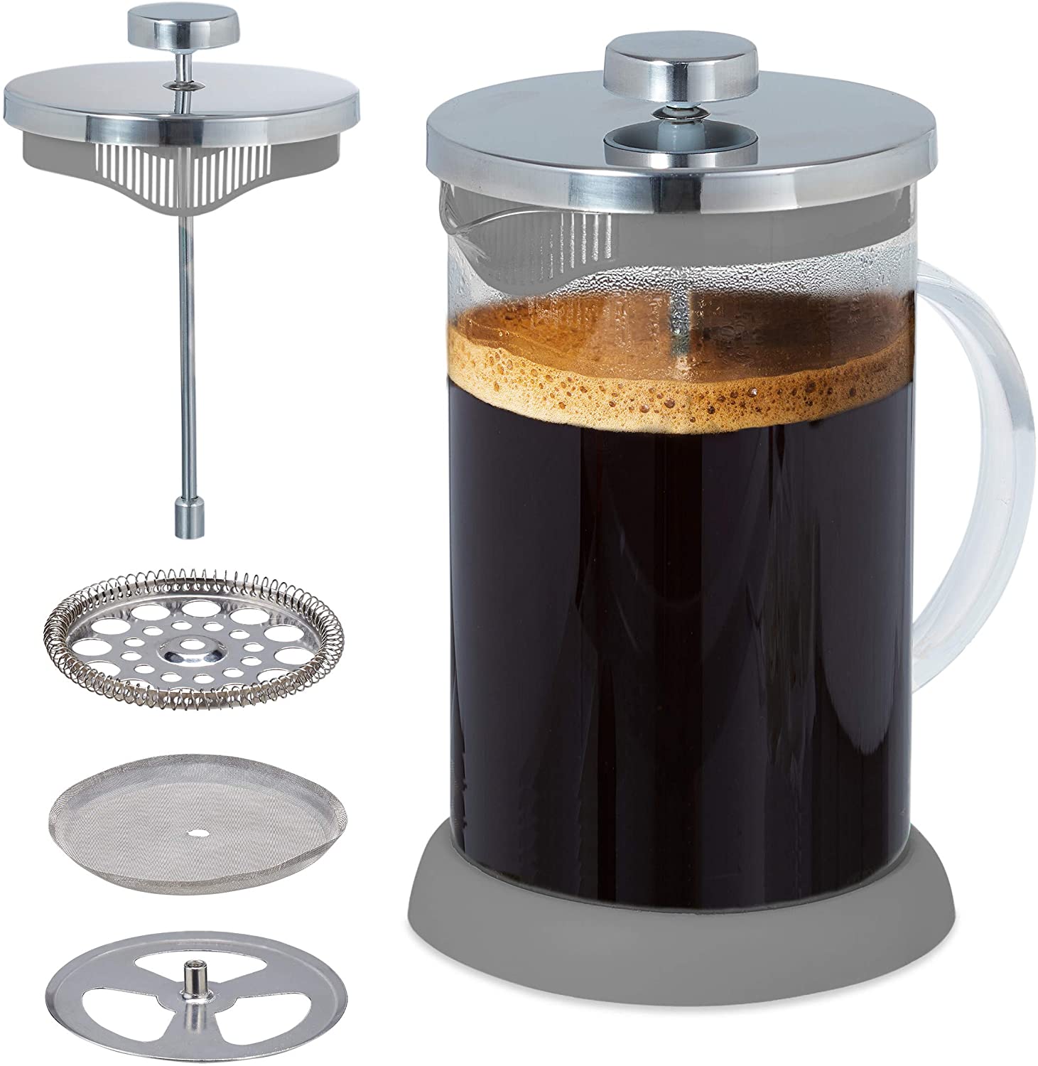 Relaxdays Coffee Maker, Stainless Steel Strainer, Flavoured Coffee Enjoy, 800 ml, Glass & Plastic, Coffee Press Colours., grey