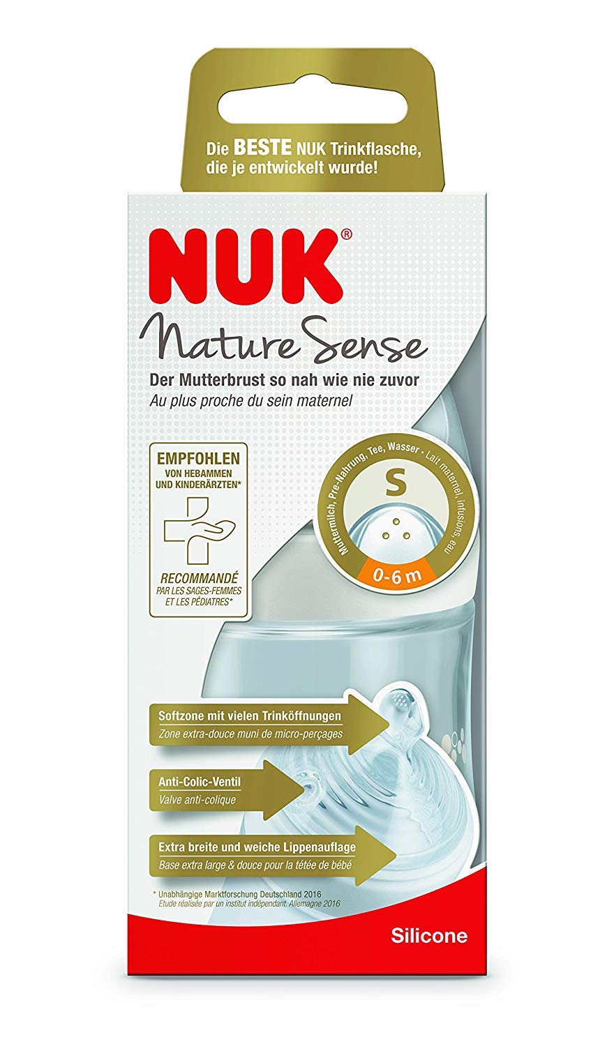 NUK Nature Sense Baby Bottle, 0-6 Months, S (Tea) with Breast-like Silicone