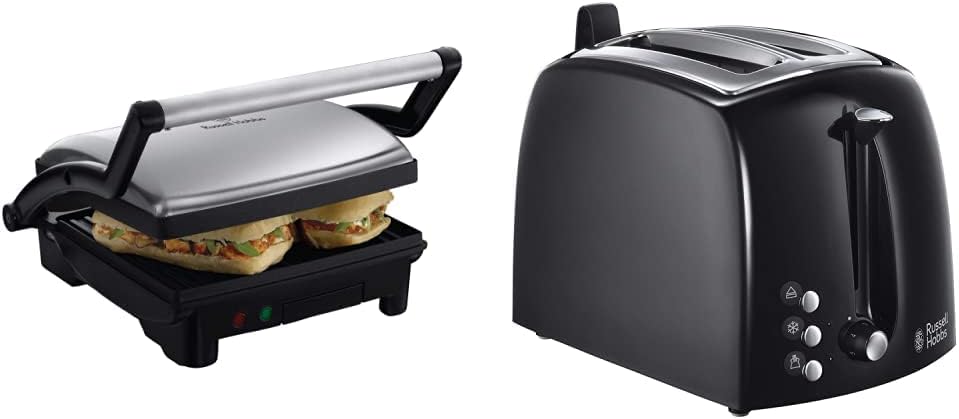 Russell Hobbs Contact Grill Stainless Steel, Non-Stick Plates, 17888-56 & Toaster [for 2 Slices] Textures+ (Extra Wide Toast Slots, 6 Browning Levels + Defrost & Reheat Function, 850W)