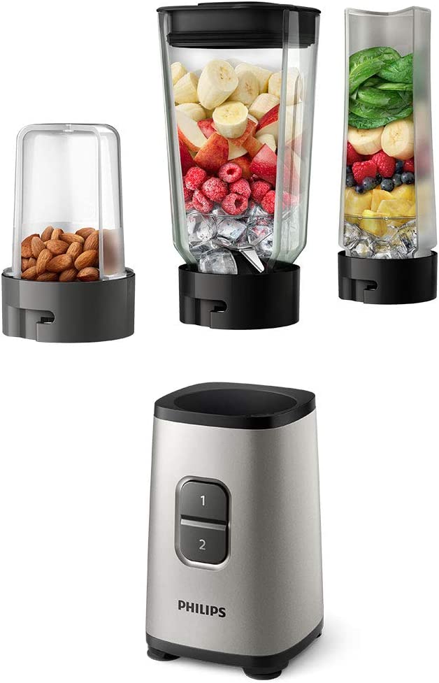 Philips Domestic Appliances Philips 3-in-1 Daily Collection Mini Blender with On-The-Go Tumbler and Multi Chopper, Plastic, 350 W, Oyster Metallic, HR2605/81