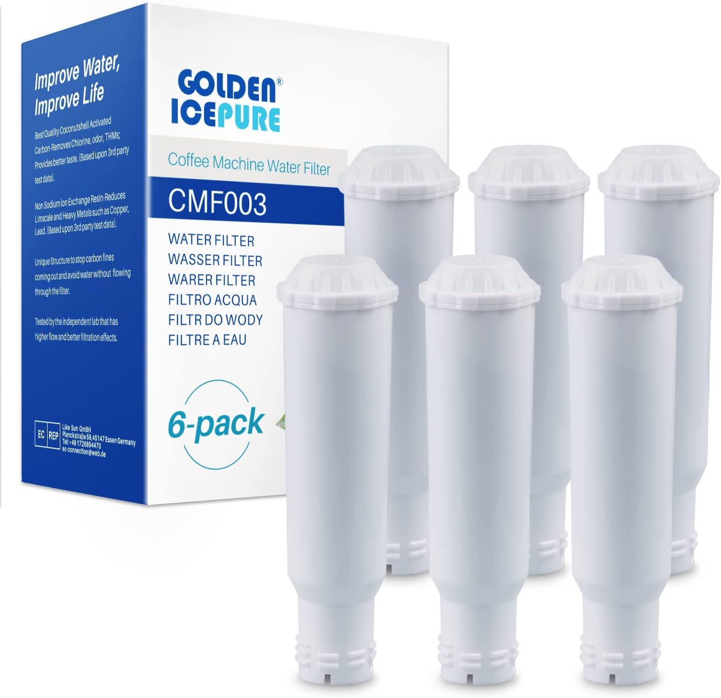 GOLDEN ICEPURE Water Filter Coffee Machine Compatible with Krups F088 Pro Aqua, Fits Many Models from AEG, Bosch, Siemens, Nivona, Pack of 6 (Note: Not Suitable for Jura White)