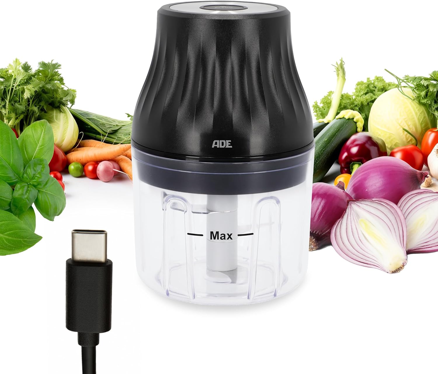 ADE Cordless Chopper Kitchen Electric Onion Cutter with Battery Small Food Processor for Vegetables, Meat, Nuts, Herbs Multi Chopper with USB Cable Ideal for Small Quantities