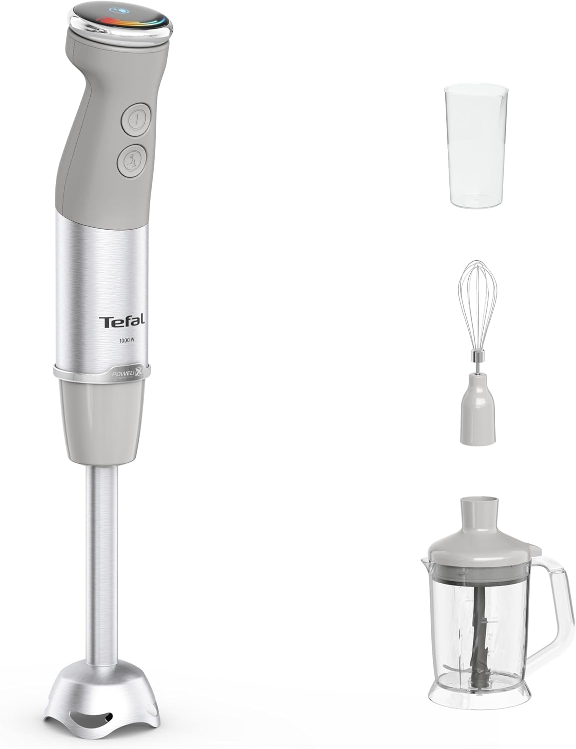 Tefal Quickchef+ HB67MB30 3-in-1 XL Hand Blender/Chopper/Whisk, 1000 W, Intuitive Speed ​​Control, Turbo Button, Powelix Knife Technology, Stainless Steel, Grey