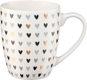 Coffee mug, hearts, white-black-gold-silver, 1 pc