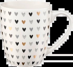 Coffee mug, hearts, white-black-gold-silver, 1 pc