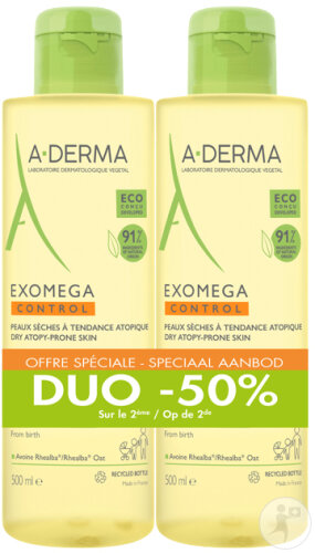 A-Derma Exomega Control Emollient Anti-Scratch Washing Oil Bottles 2x500ml 2e Up -50%