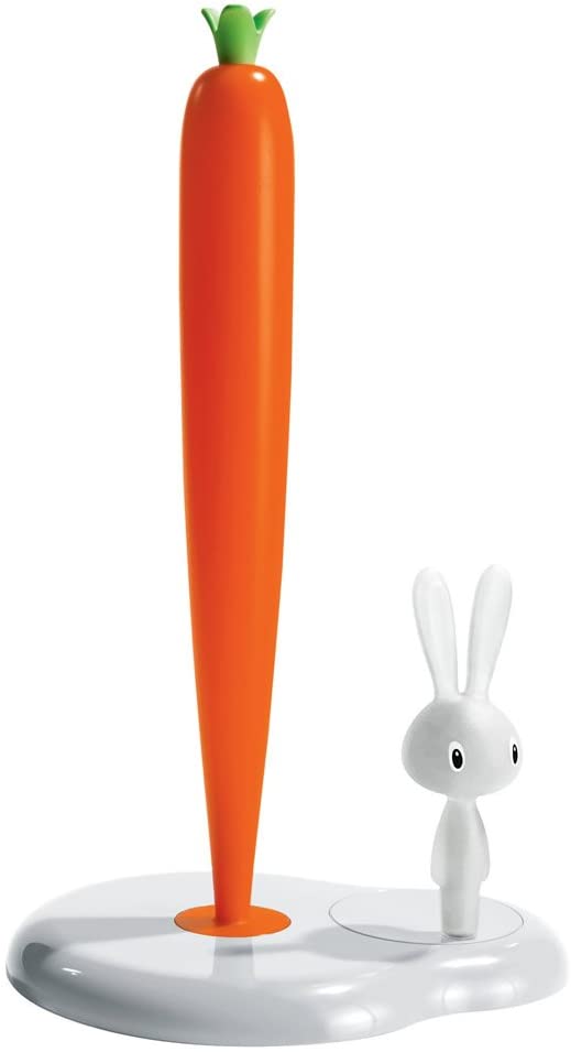 A Di Alessi Bunny and Carrot Kitchen Roll Holder in Thermoplastic Resin, White