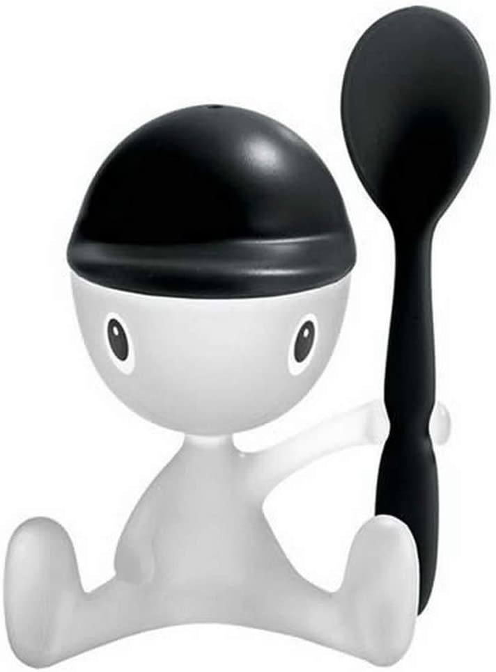 A Di Alessi Cico Egg Cup with Salt Castor and Spoon in Thermoplastic Resin, Black