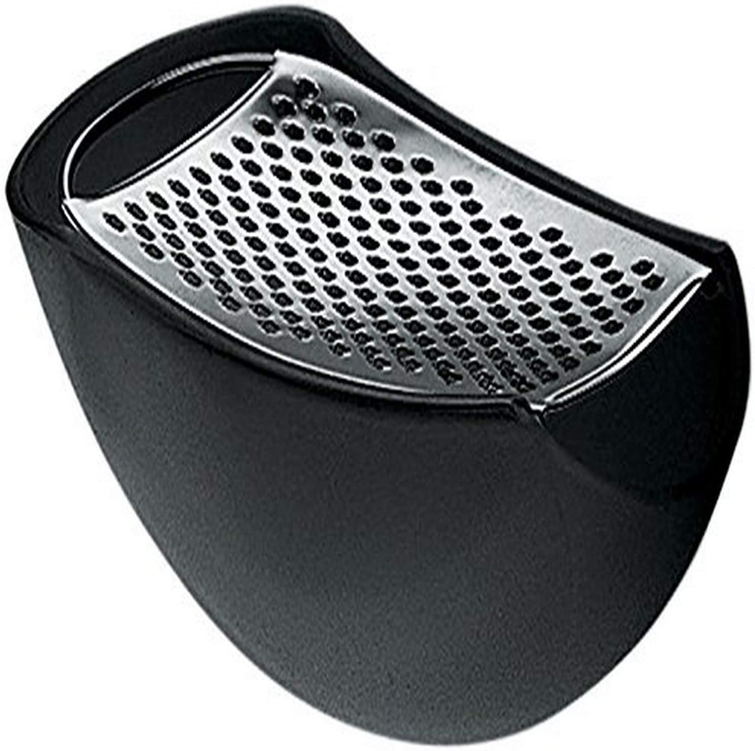 A Di Alessi Parmenide Grater with Cheese Cellar in Thermoplastic Resin, Black and Steel Mirror Polished