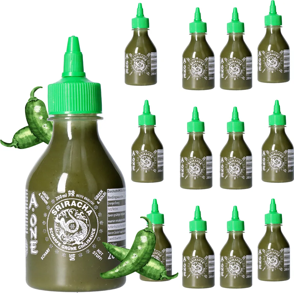 A-ONE Sriracha Sauce Green Chili 12 x 200ml Hot Chili Green Chili Sauce - Perfect for Gastro