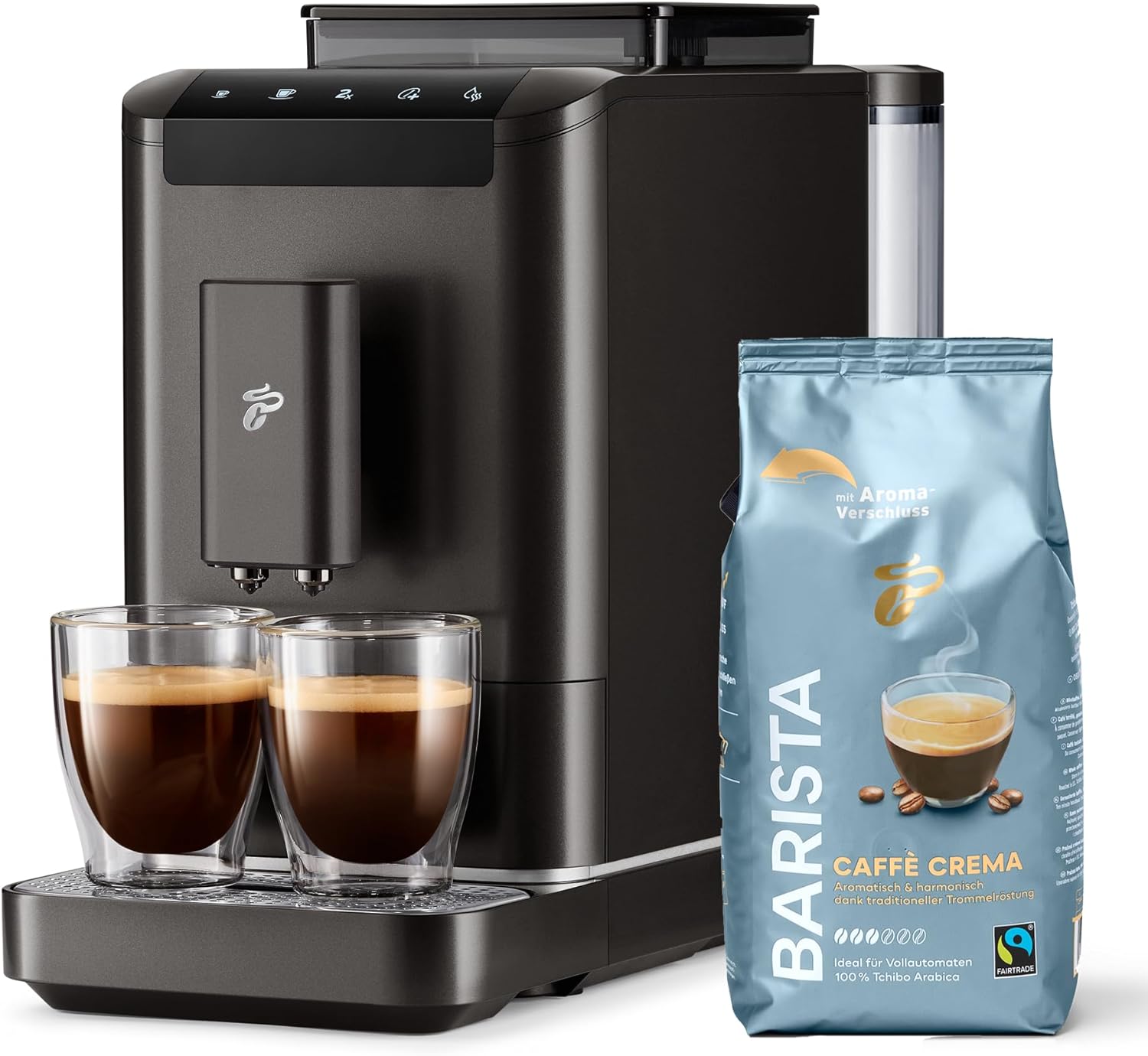 Tchibo Esperto2 Caffè Fully Automatic Coffee Machine With 2-Cup Function Including 1 KG Barista for Caffè Crema and Espresso, Granite Black