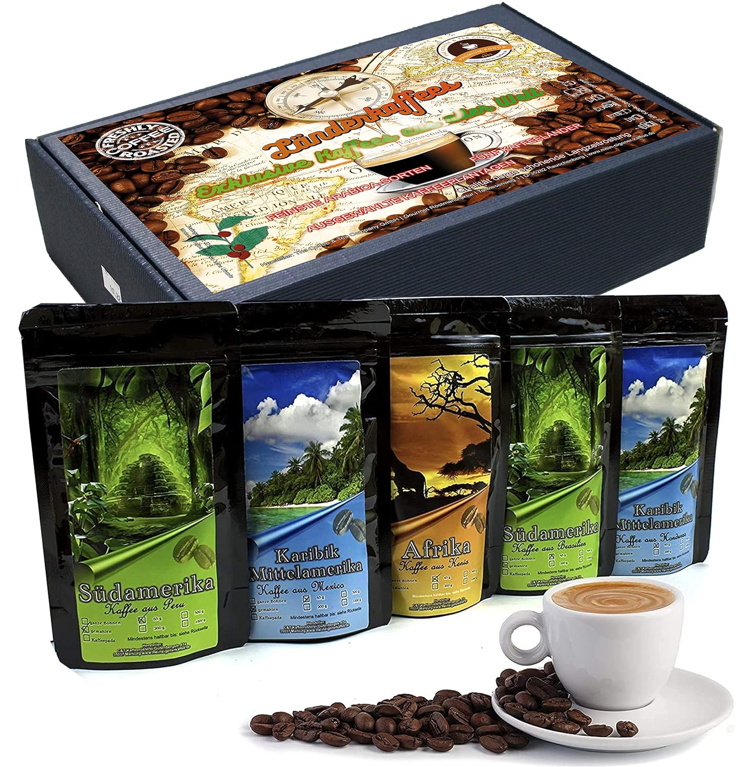 C&T Coffee Gift Set with Country Coffee from All Over the World | 5 x Coffees Each 65g Whole Beans | Brazil + Honduras + Peru + Mexico + Kenya - in Gift Box