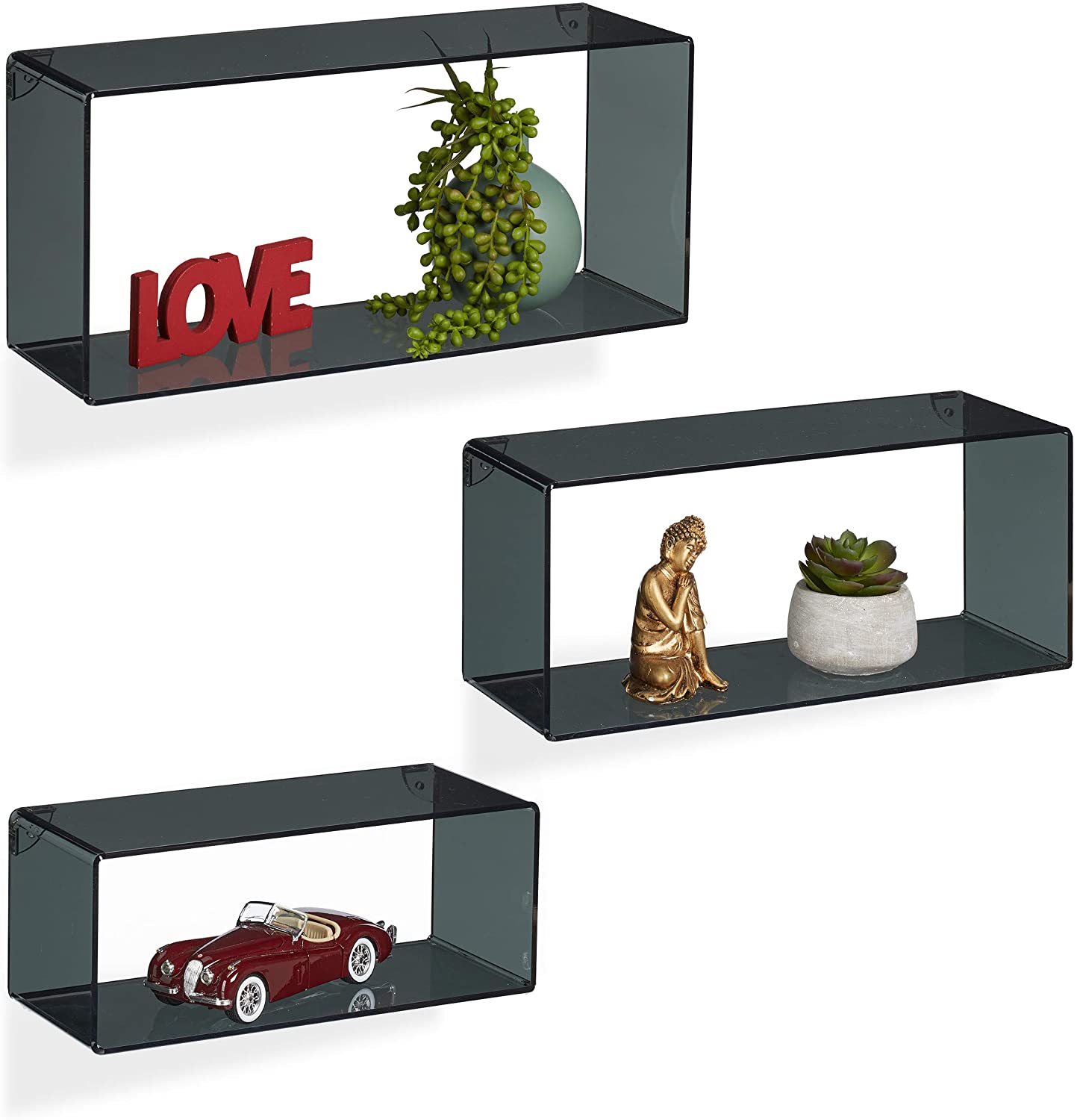 Relaxdays Set of 3 Acrylic Floating Decorative Plants CD Living Room Hallway Rectangular Cube Shelf Black
