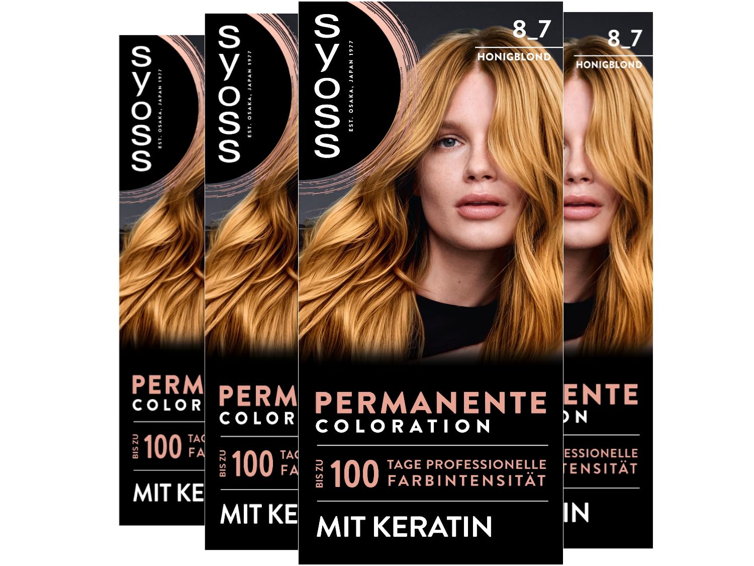 SYOSS Coloration 8_7 Honey Blonde (4 x 115 ml), Permanent Coloration with Keratin Gives up to 100 Days of Professional Color Intensity, 100% Gray Coverage