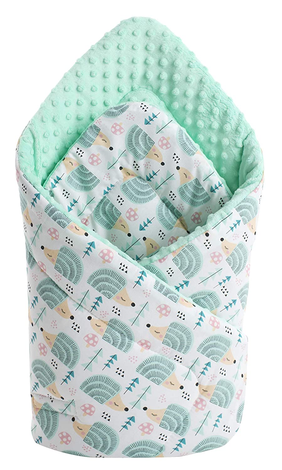 Medi Partners Swaddling Blanket Pillow Minky 100% Cotton 75 x 75 cm Sleeping Bag Double-Sided Soft All Year Round Multifunctional Anti-Allergic Babies (Mint Hedgehog with Mint Minky)