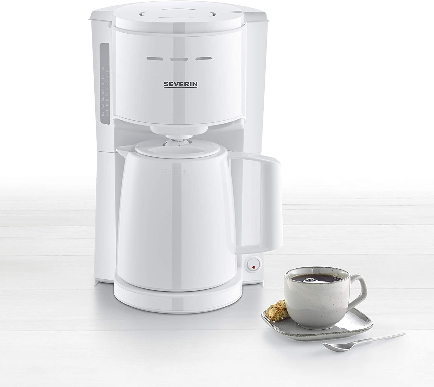 SEVERIN KA 9254 Filter Coffee Maker with Thermos Flask Approx. 1000 W, up to 8 Cups, Swivel Filter 1 x 4 with Drip Lock, Automatic Shut-Off, Brew Lid, White