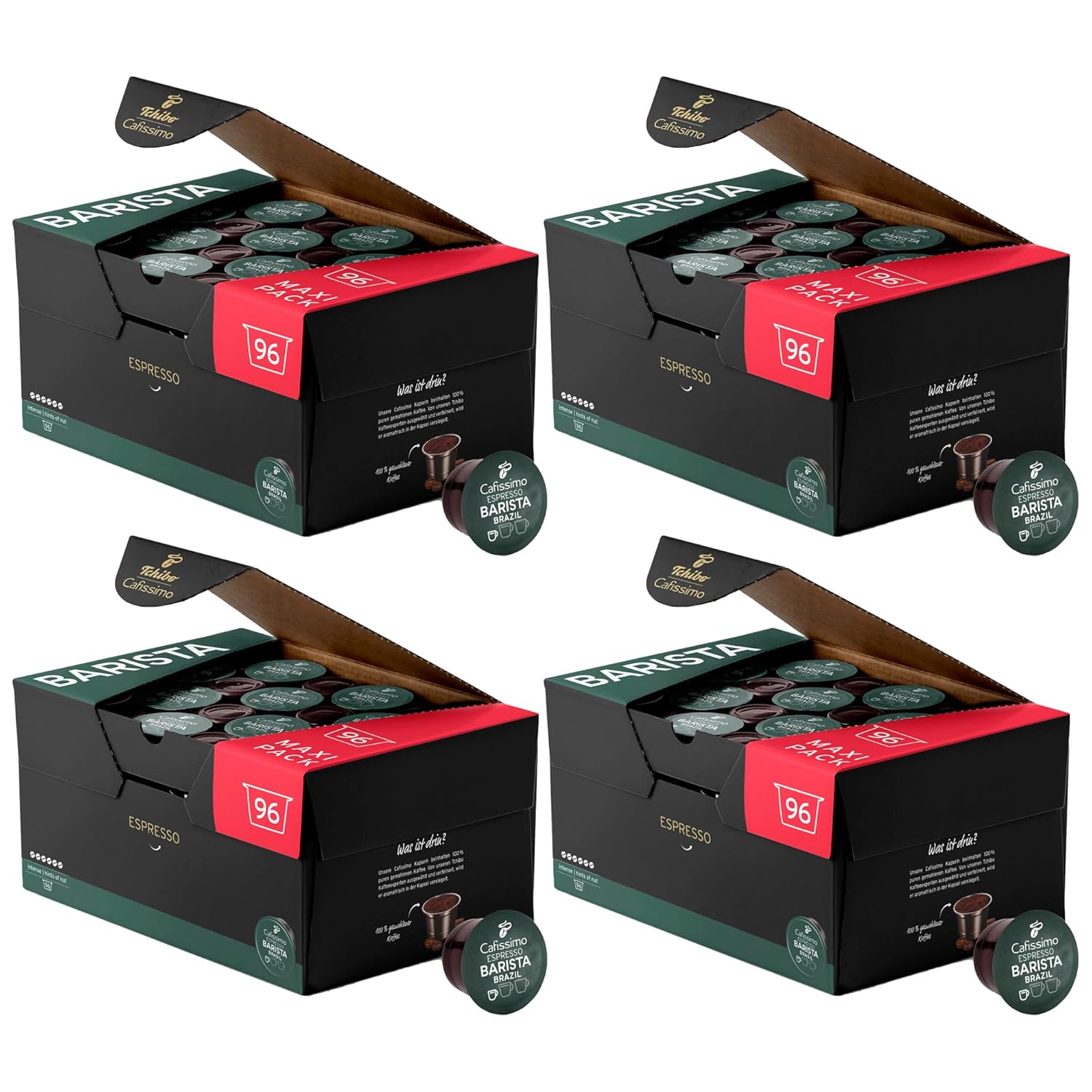 Tchibo Cafissimo Espresso Brasil Coffee Capsules Storage Box, 384 Pieces - 4 x 96 Capsules (Espresso, Expressive with Nut Note), Sustainable & Fair Trade