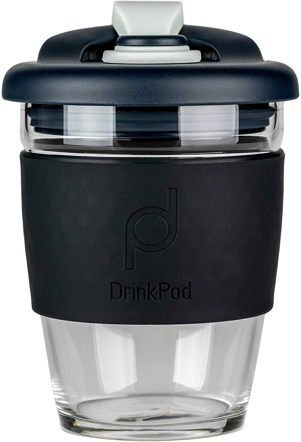 DrinkPod Reusable BPA Free 340ml 12oz Glass Coffee Mug Travel Mug - NIGHT, BLACK