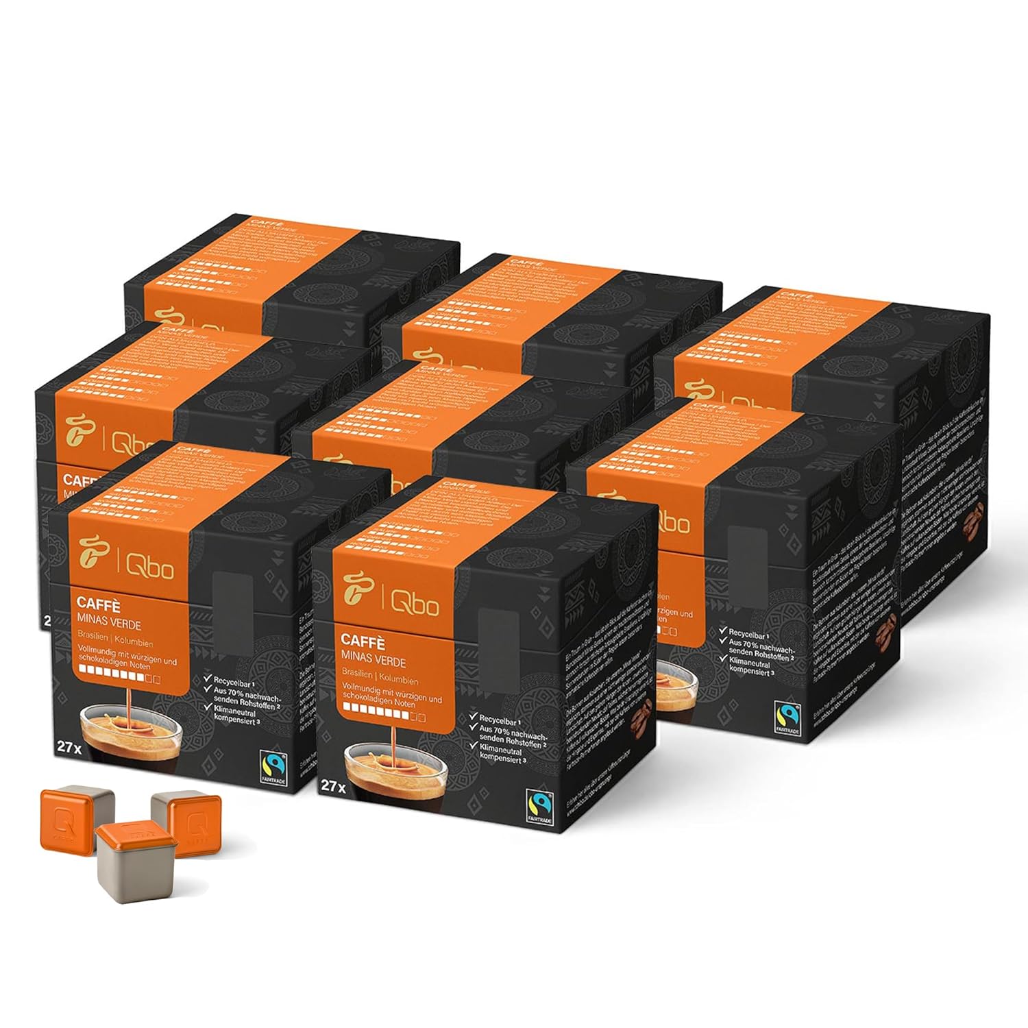 Tchibo Qbo Caffè Minas Verde Premium Coffee Capsules, Pack of 216 - 8 x 27 Capsules (Caffè, Intensity 8/10, Full-bodied and Spicy), Sustainable, Made from 70% Renewable Raw Materials & Climate Neutral