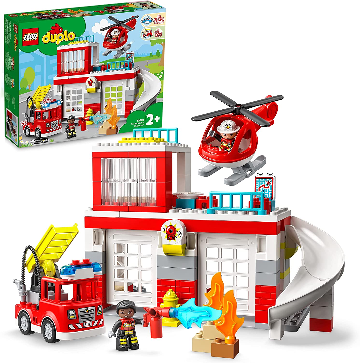 LEGO 10970 DUPLO Fire Station with Helicopter, Fire Engine Toy for Toddlers from 2 Years with Fire Engine, Building Blocks for Girls and Boys