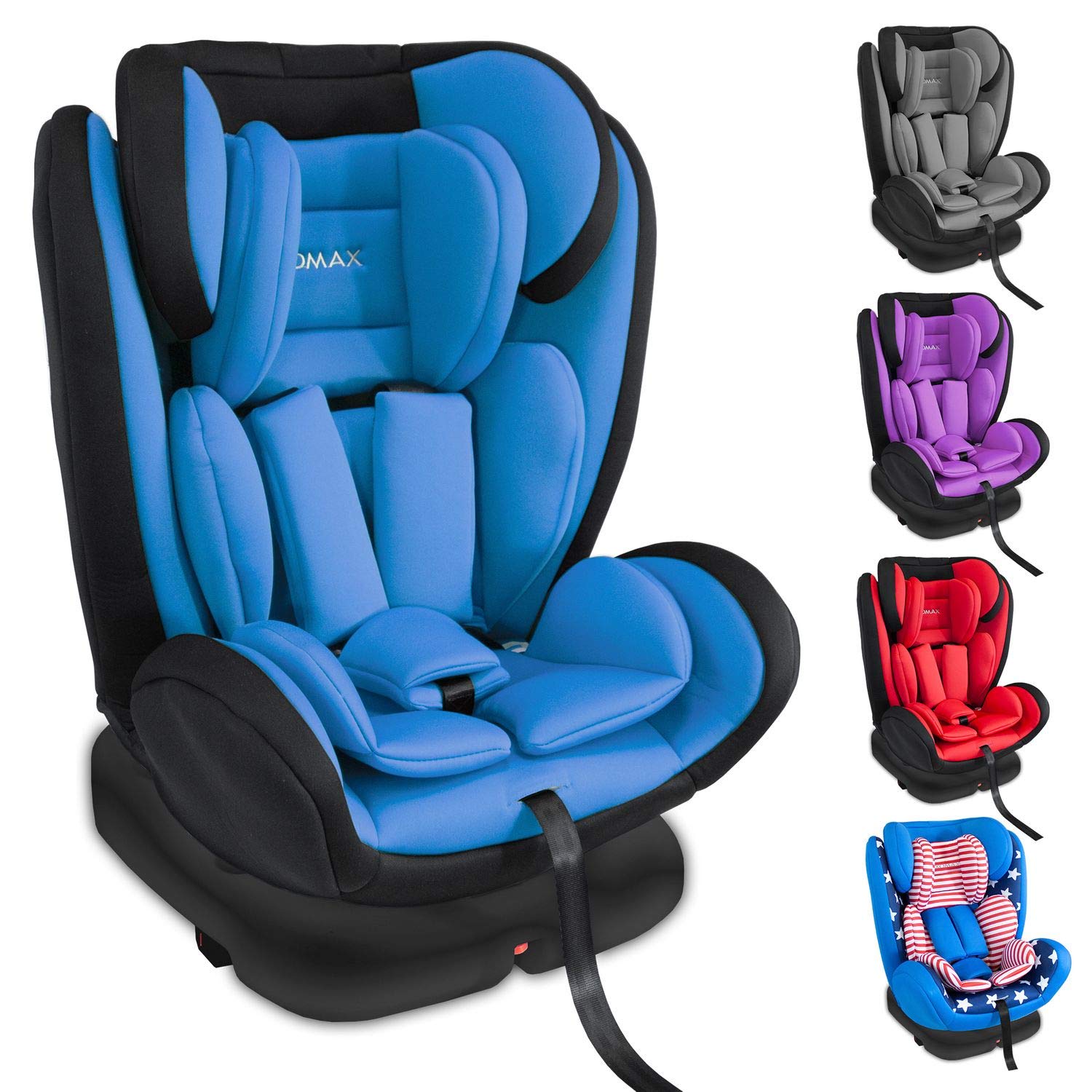 XOMAX KI360 Child Seat Rotatable 360° with Isofix and Reclining Function I grows I 0-36 kg 0-12 Years Group 0/1/2/3 I 5-Point Harness and 3-Point Harness Removable Cover Washable I ECE R44/04 blue