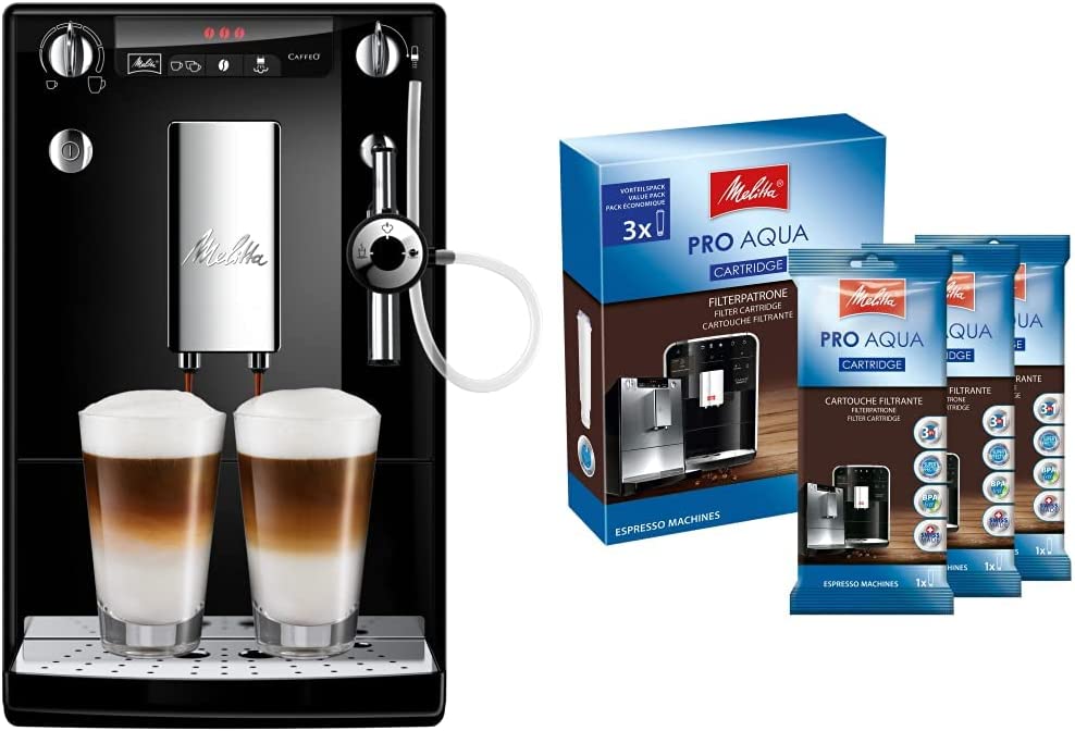 Melitta Caffeo Solo & Perfect Milk E957-201 Schlanker Kaffeevollautomat mit Auto-Cappuccinatore | Automatische Reinigungsprogramme | Schwarz & 224562 Filterpatrone für Kaffeevollautomaten | 3xPro Aqua