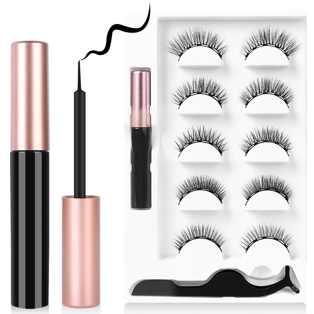 Magnetic Eyelashes, 5 Pairs 3D Thick Long Artificial False Eyelashes, Magnetic Eyelashes with Eyeliner, Natural Magnetic Eyelashes Eyeliner Set with Pliers, Waterproof and Reusable