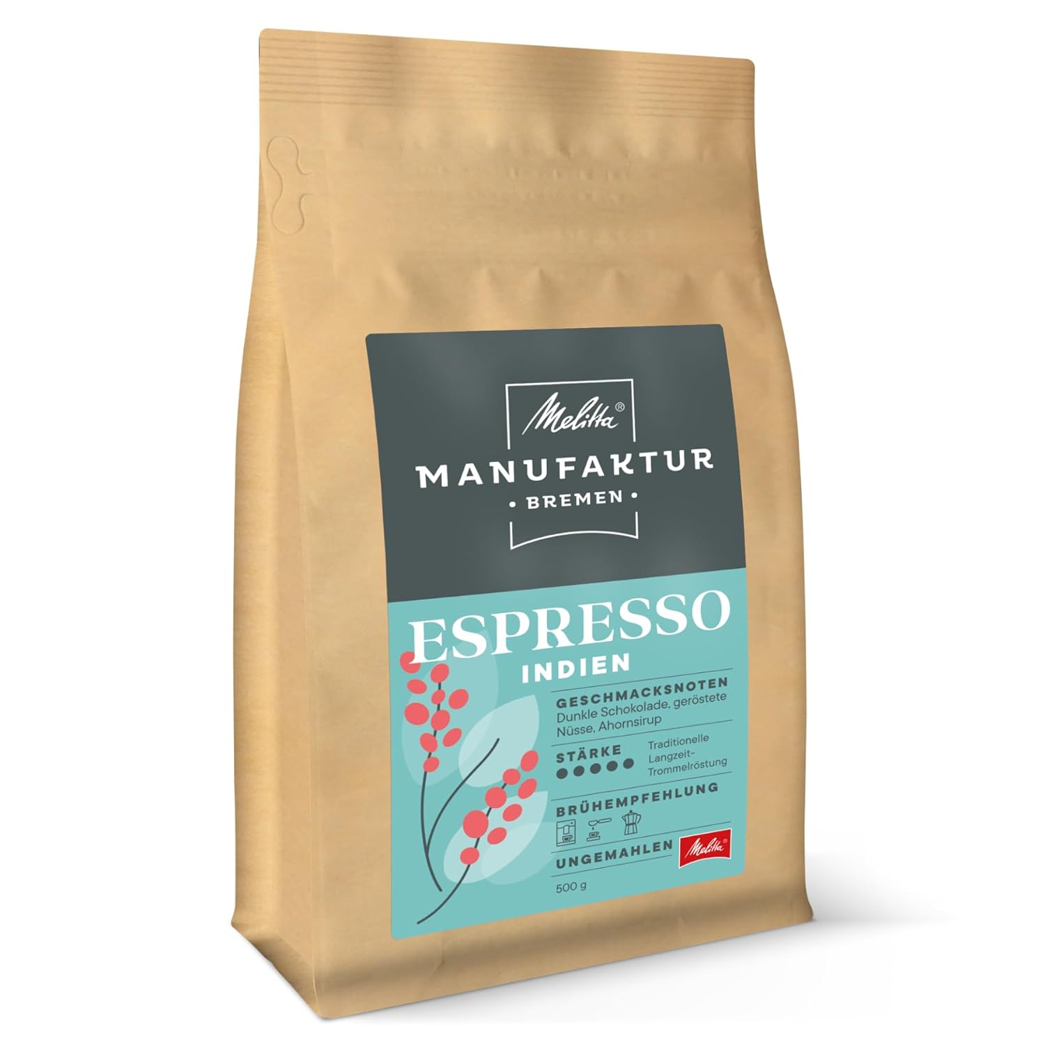 Melitta Manufacture Coffee Espresso Specialty Coffee, 500 g, Whole Coffee Beans, Unground, Single Origin Farm Coffee from India, Roasted in Germany, Strength 5