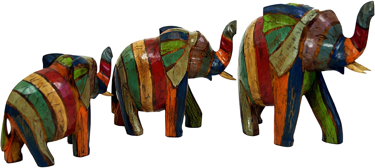 GURU SHOP Wooden Elephant Figurine in 3 Sizes - Colourful Striped, Size: Large (24 x 25 x 9 cm)