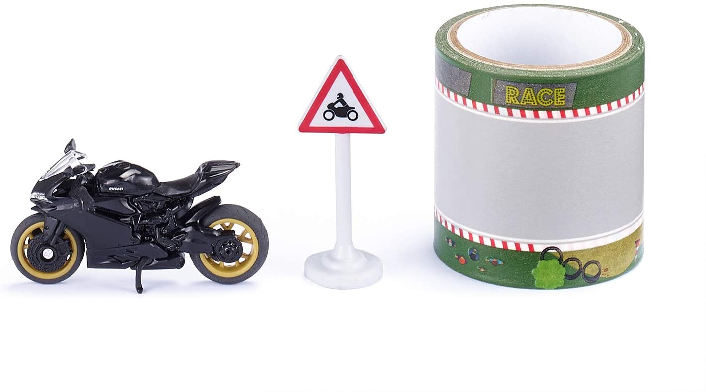 Siku 1601, Ducati Panigale 1299 Motorcycle With Tape And Road Sign, Black, 