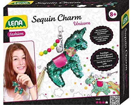 Lena 42660 craft set sequin charm unicorn, complete set for 1 sequin lucky charm keyring with faux leather ribbons, beads, needle, filling wool and instructions (English language not guaranteed), set for children aged 8 and over.